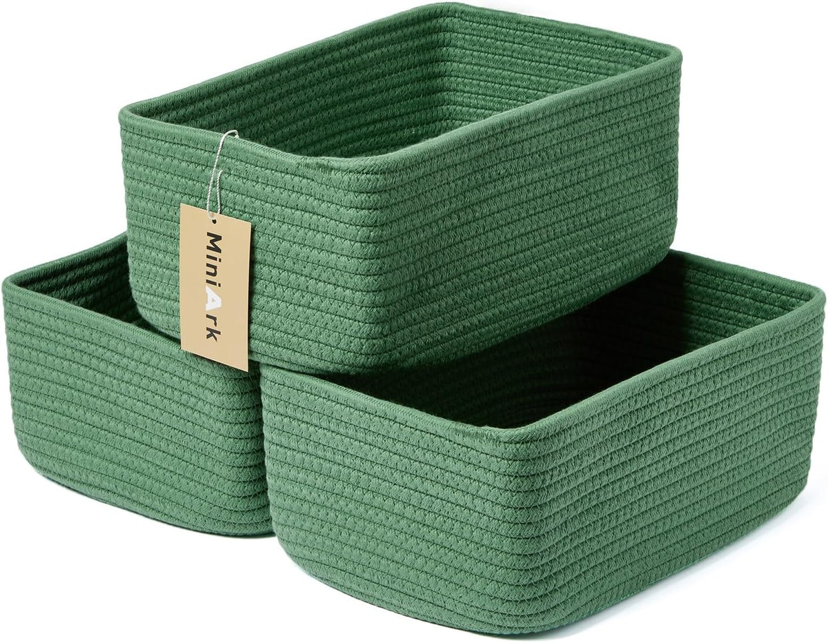 Small Storage Baskets for Organizing | Closet Organizer Bins | Shelf Toy Basket | Woven Rope Baskets | Cube Decorative Box | Shallow Basket | 11.5x7.5x4.7” | 3 Packs Green