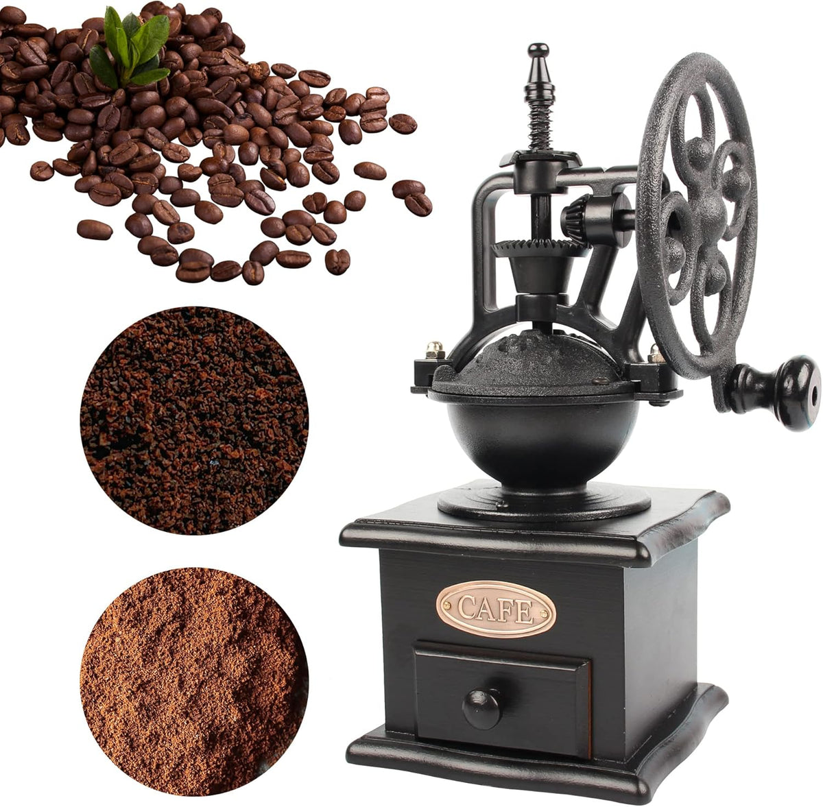 Coffee Grinder,Wooden Coffee Bean Grinder Manual Coffee Grinder Roller, Antique Coffee Mill with Cast Iron Hand Crank for Making Mesh Coffee, Decoration, Best Gift (Black (four deformation base))