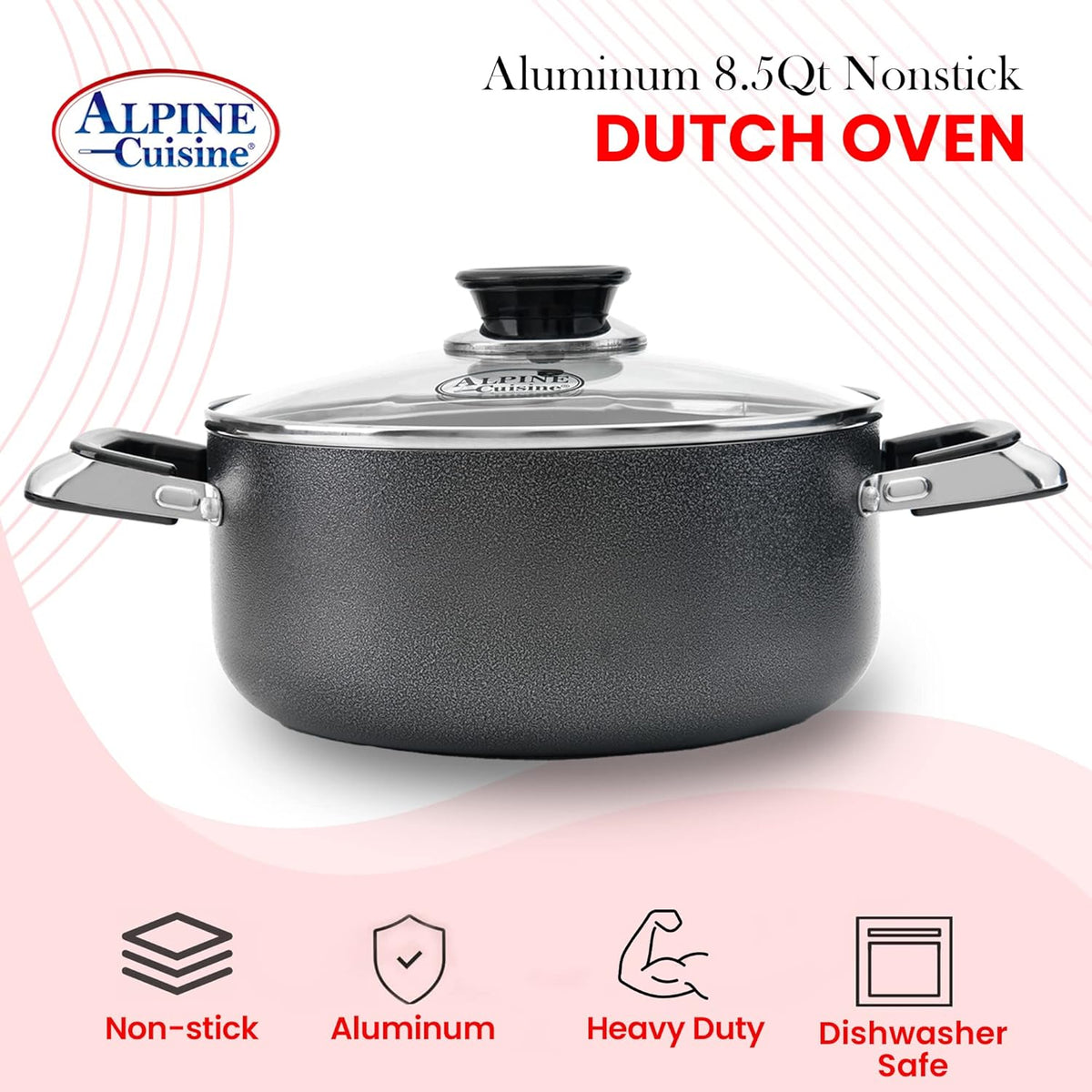 Alpine Cuisine 8.5 Quart Non-stick Stock Pot with Tempered Glass Lid and Carrying Handles, Multi-Purpose Cookware Aluminum Dutch Oven for Braising, Boiling, Stewing