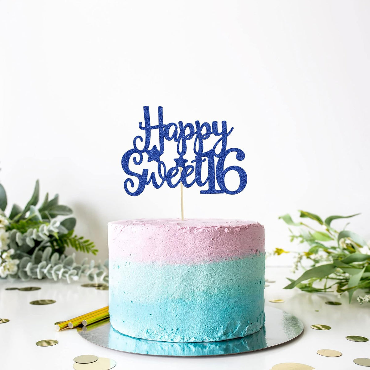 Gyufise 1Pc Happy Sweet 16 Cake Topper Blue Glitter Sweet 16 Birthday Cake Decoration Happy 16th Birthday Decorations for Girls Boys Party Supplies