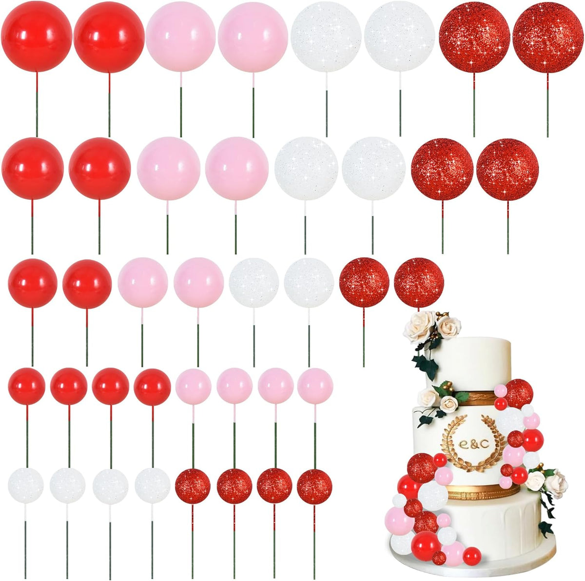 BEISHIDA 40 Pcs Foam Ball Cake Toppers with Sticks Mini Ball Cake Decorations for Birthdays, Weddings, Valentines, DIY Baking Supplies, Anniversary Party (Red, Pink, White)