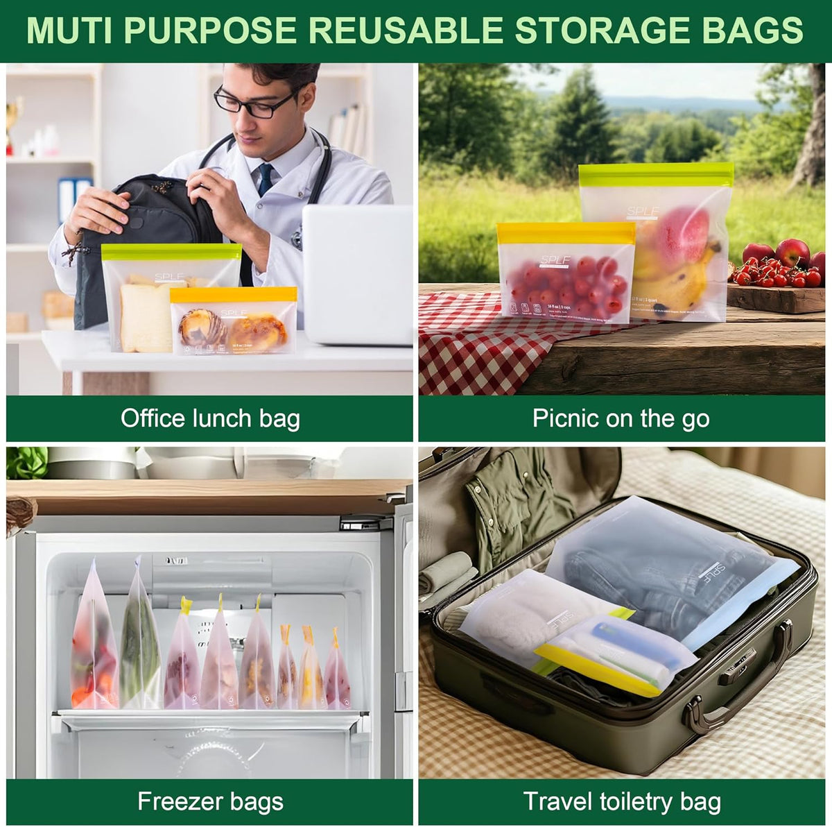 SPLF 10 Pack Stand-Up Reusable Food Storage Bags Dishwasher Safe, BPA Free Reusable Freezer Bags, Extra Thick Leakproof for Meal Prep, Sandwich, Bread, Veggies - 3 Gallon 4 Quart 3 Snack