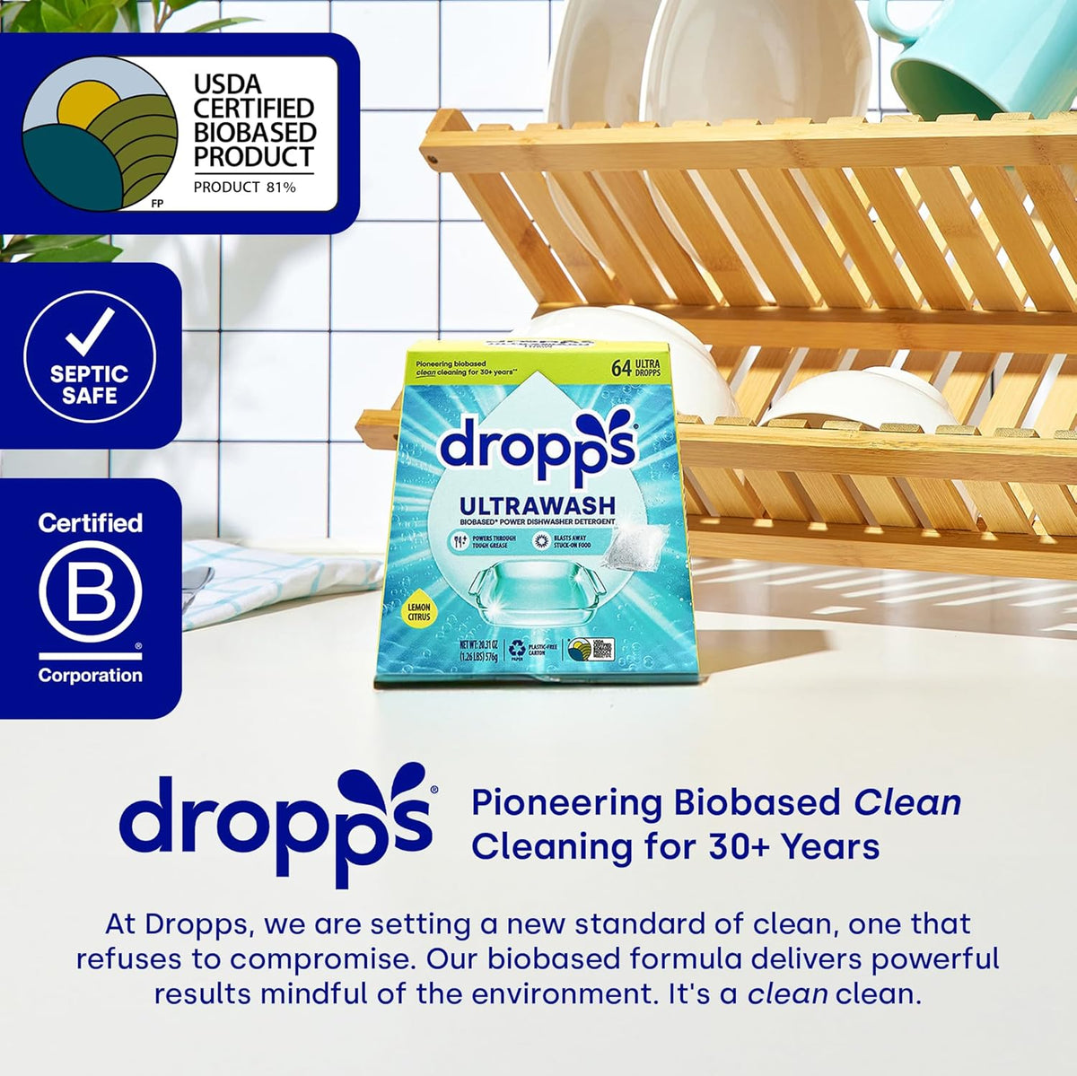 Dropps UltraWash Dishwasher Pods, Lemon Citrus (120 Count) - Biobased Power Deep Clean Dishwasher Detergent Tablets for Sparkling Shiny Dishes - No Rinse Aid or Pre-Wash Needed - Dishwashing Pods