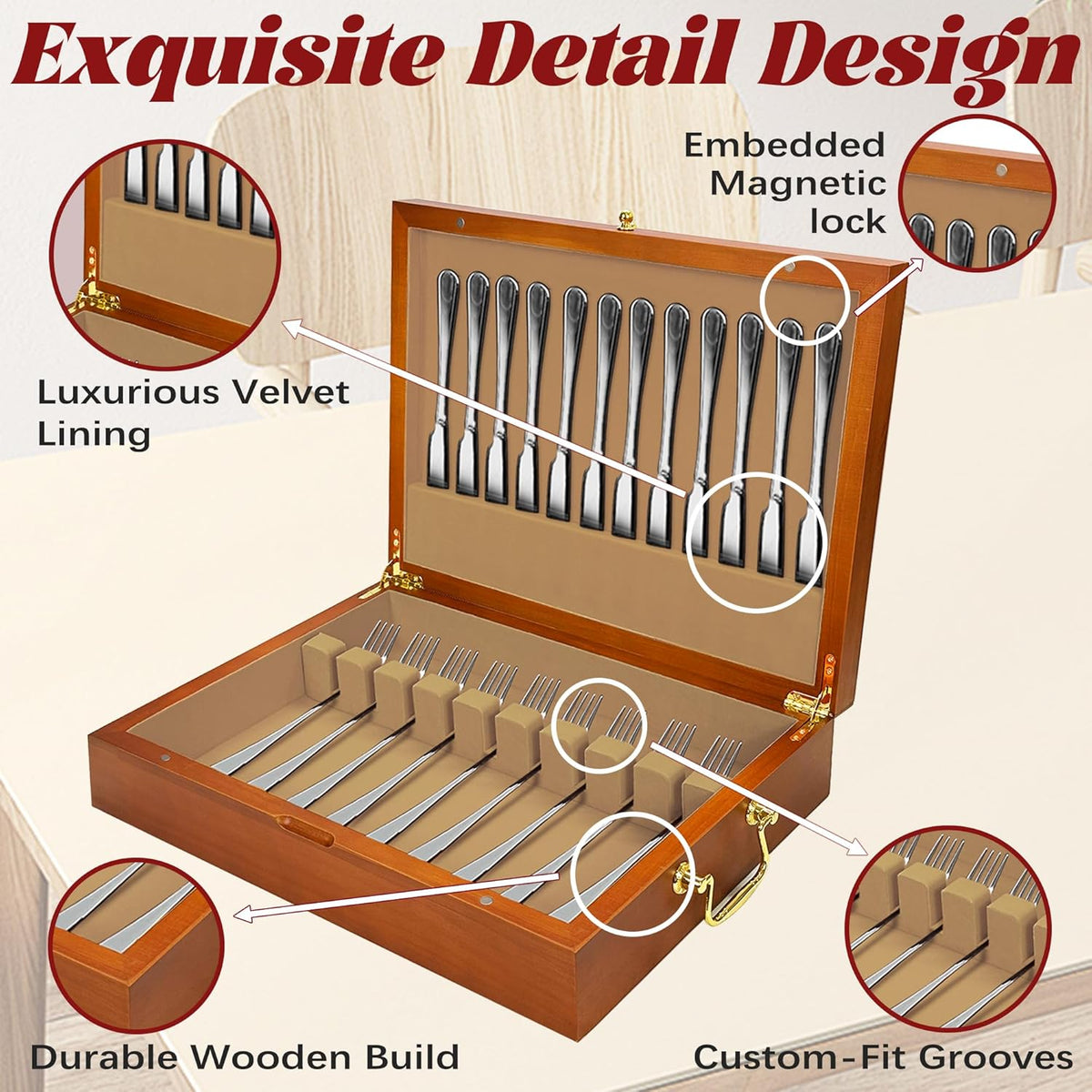 Silverware Storage Box Solid Wood with Lid, Silverware Organizer with Handle and Felt Lined, Silverware Storage Chest for Flatware and Utensils Home Decor Gift, Chest for Flatware Setting Up 15