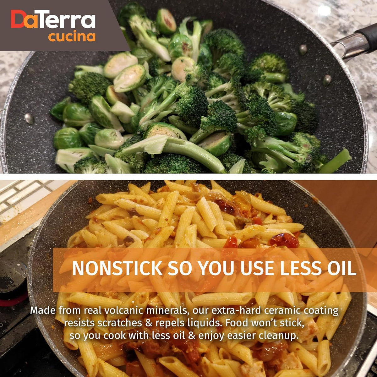 DaTerra Cucina - 13" Nonstick Ceramic Wok with Lid - Made in Italy - High Heat Resistant Nonstick Cookware - Oven Safe, PTFE, Cadmium, Lead & PFOA free - Volcanic Black Speckled