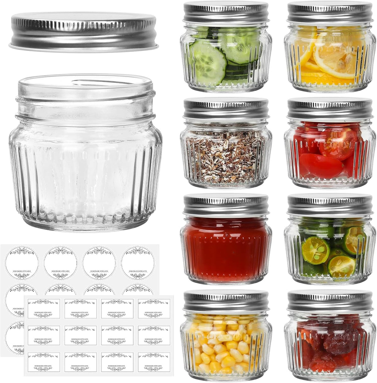 Cehomi Small Glass Mason Jars with Lids - 4 oz Vintage Canning Jars, Pickling Jars for Jelly, Jam, Honey, Pickles, Spice, Essential Preserver for Home Storage and Gifting 8 Pack