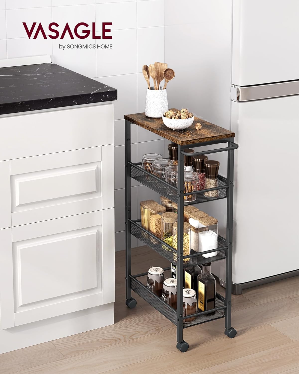 VASAGLE Slim Rolling Cart, 4-Tier Storage Cart, Narrow Cart with Handle, 8.7 Inches Deep, Metal Frame, for Kitchen, Dining Room, Living Room, Home Office, Rustic Brown and Classic Black ULRC033B01