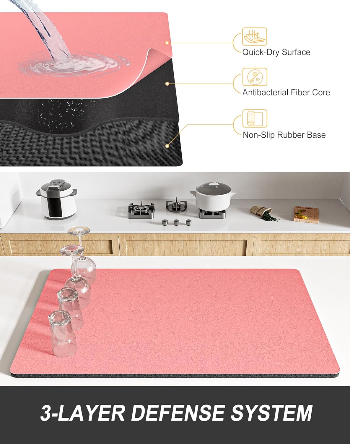 Rnivvi Dish Drying Mat for Kitchen Counter, XL 15 x 24" Super Absorbent Drainer Pad Easy Clean Dish Rack Pad, Non-Slip Heat Resistant Coffee Bar Mats for Coffee Machine Station Accessories, Rose Pink