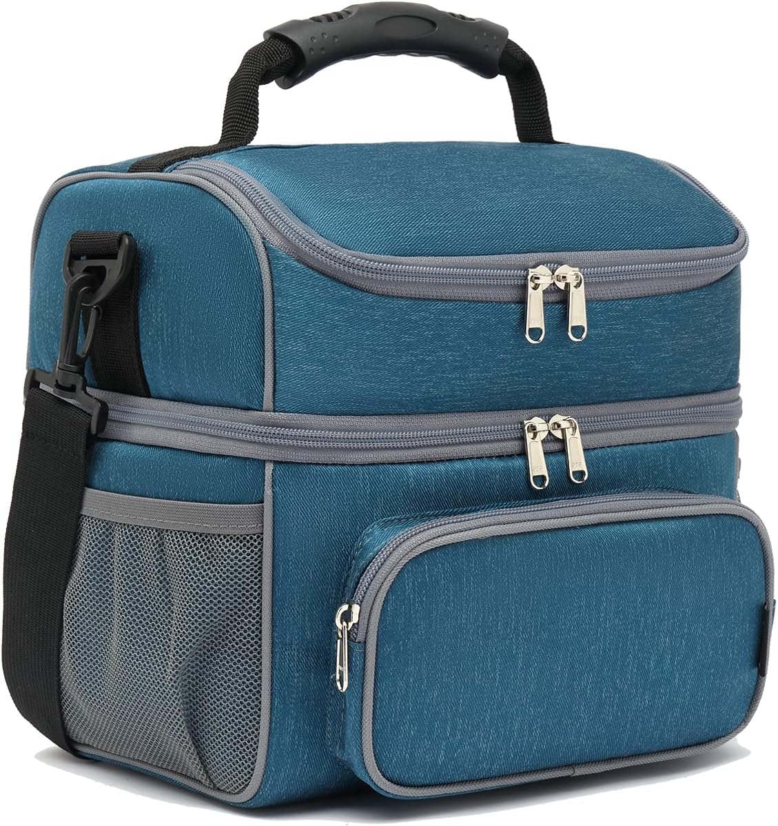 FlowFly Double Layer Cooler Insulated Lunch Bag Adult Lunch Box Large Tote Bag for Men, Women, With Adjustable Strap,Front Pocket and Dual Large Mesh Side Pockets