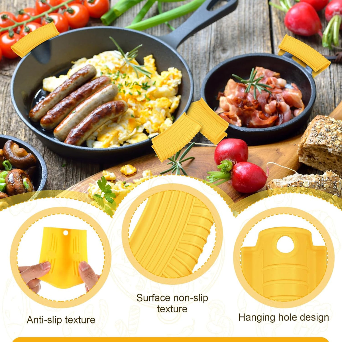 Patelai 4 Pcs Silicone Assist Hot Pan Handle Holder Pot Handle Covers for Cast Iron Skillets Holder Sleeve Nonslip Heat Resistant Pan Cover for Enameled Griddles Casserole Frying Cookware(Yellow)