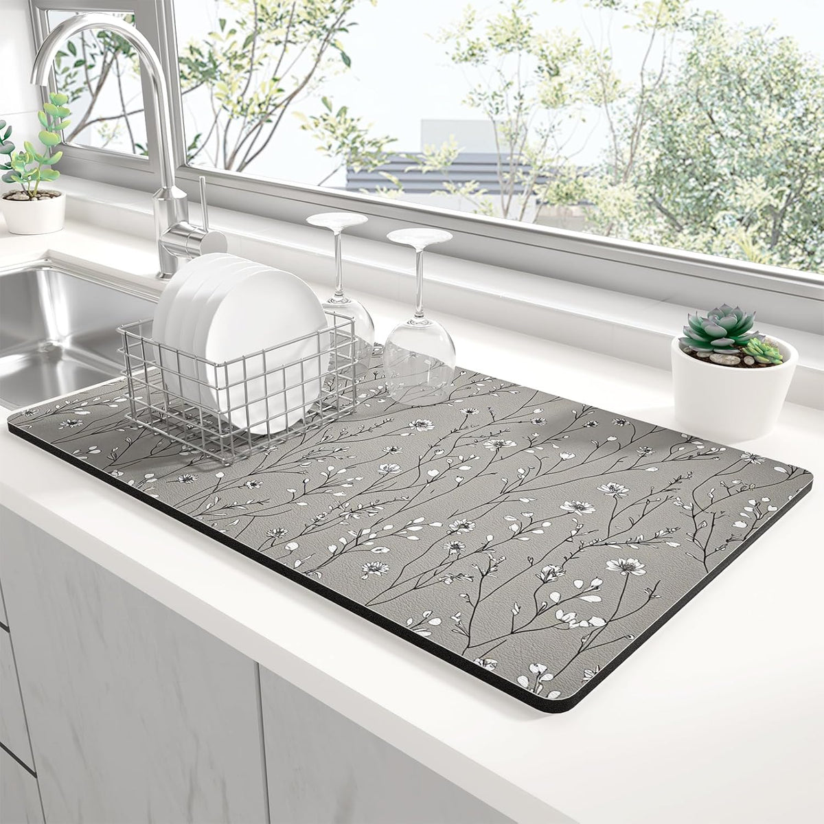 Rnivvi Dish Drying Mat for Kitchen Counter, 12 x 19" Cute Flower Theme Super Absorbent Draining Pad, Non-Slip Heat Resistant Coffee Bar Mats for Coffee Machine Station Accessories, Grey Dish Rack Pad