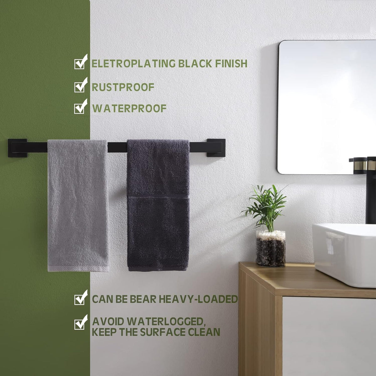 KOKOSIRI 20-Inch Single Towel Bar, Bathroom Kitchen Towel Holder, Wall Mounted SUS304 Stainless Steel Towel Rack, Matte Black, B4003BK-L20