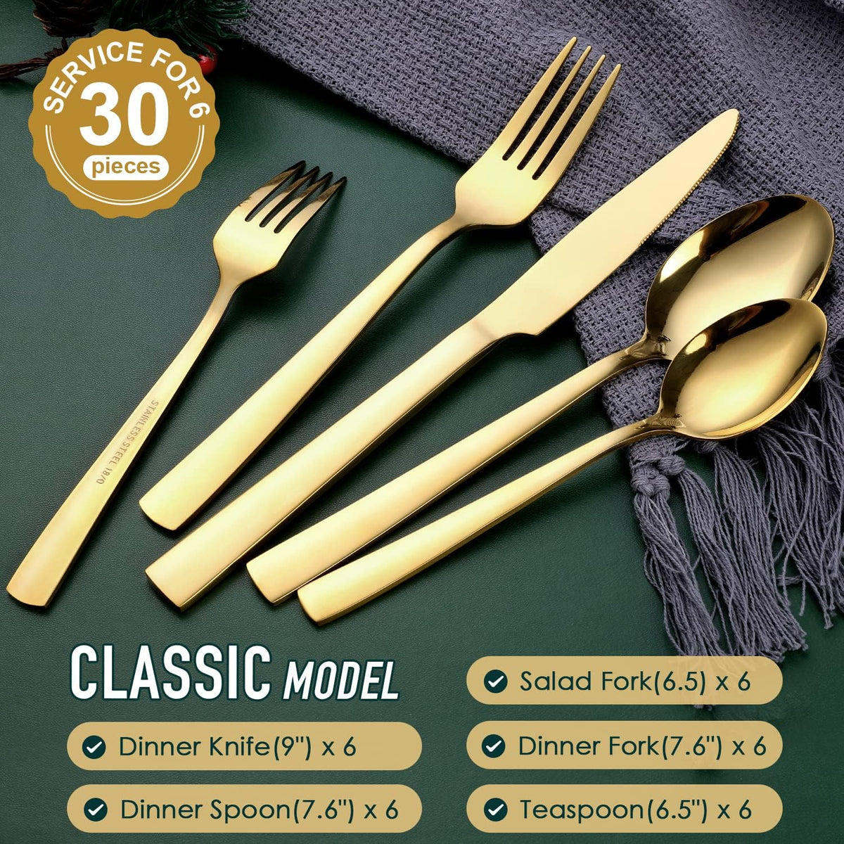 Gold Silverware Set, OGORI 30-Piece Gold Forged Stainless Steel Flatware Set with Square Handle, Service of 6