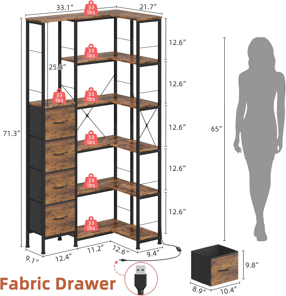Corner Bookshelf with LED Light Strips & 4 Fabric Drawers, 6-Tier Convertible Corner Shelf with Display Shelf, Large Wood Industrial Bookcase for Living Room, Bedroom, Home Office, Rustic Brown