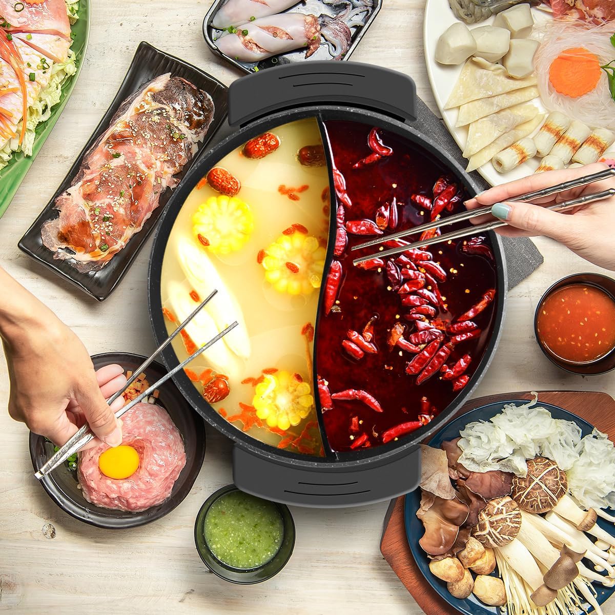 Food Party Electric Hot Pot with Divider Hotpot Pot Electric Hopot Cooker Shabu Shabu Pot 110V 1200W Non-Stick 6-Quart BPA FREE Fondue Chinese Hot Pot