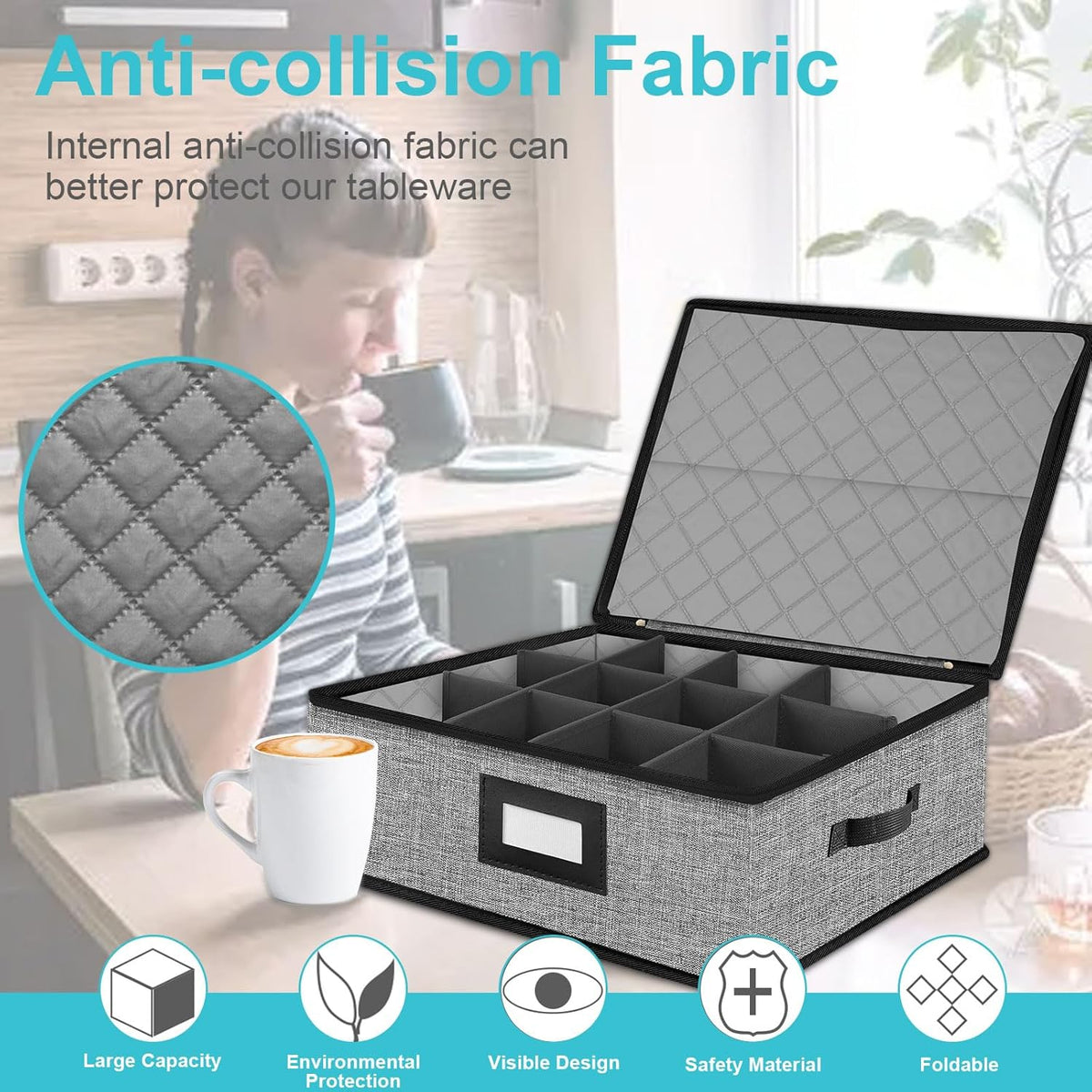 Quilted Mug Cup Storage Box-China Storage Containers Hard Shell,Cup Storage Containers with Lid for Moving Transport,Kichen Dinnerware Storage