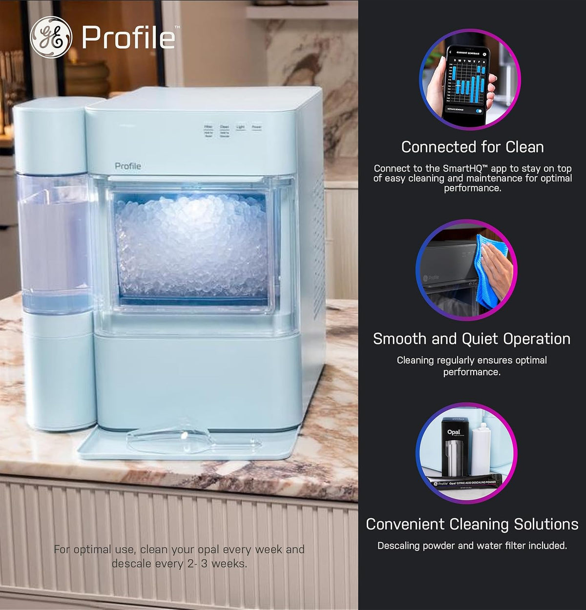 GE Profile Opal 2.0 XL with 1 Gallon Tank, Chewable Crunchable Countertop Nugget Ice Maker, Scoop Included, 38 lbs in 24 Hours, Pellet Ice Machine with WiFi & Smart Connected, Moonstone Blue