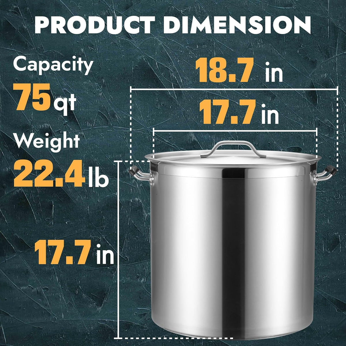 CURTA 75 Quart Large Stock Pot with Lid, NSF Listed, 3-Ply Clad Base, 18/8 Stainless Steel Cooking Pot, Commercial Cookware, Induction Ready, 17.7"D x 18.7"W x 17.7"H