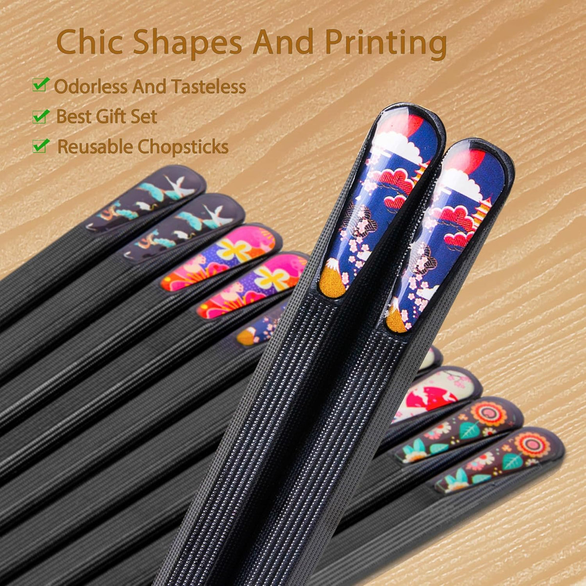 VIWIK 5 Pairs Reusable Chopsticks Premium Fiberglass Cute Japanese Korean Style Dishwasher Safe Chop sticks 9.5 Inch Gift Set