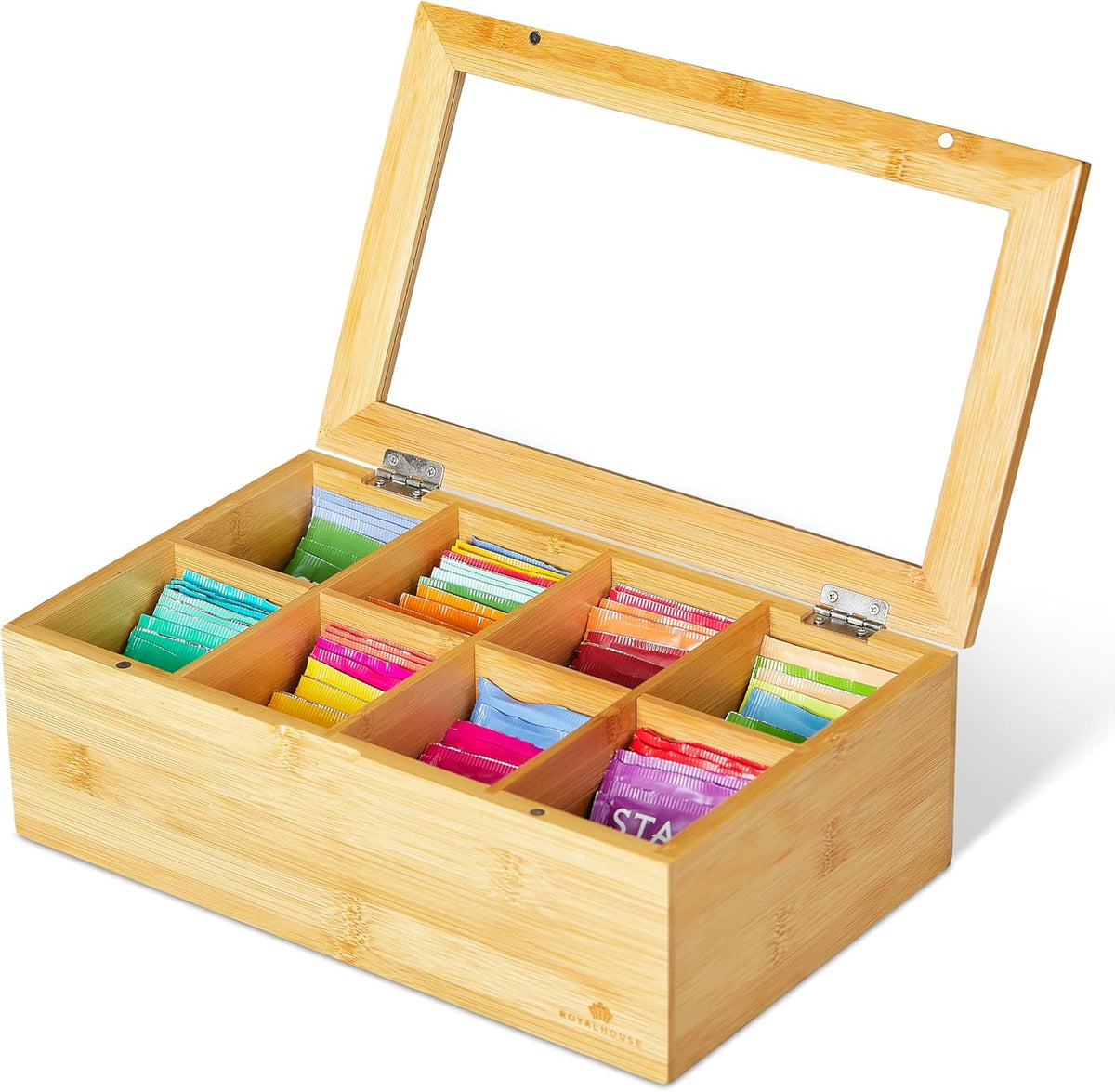 RoyalHouse Big Natural Bamboo Tea Storage Organizer with Clear Acrylic Top Window, 8 Compartments Eco-Friendly Tea Bag Holder, Multi-Functional Storage Box