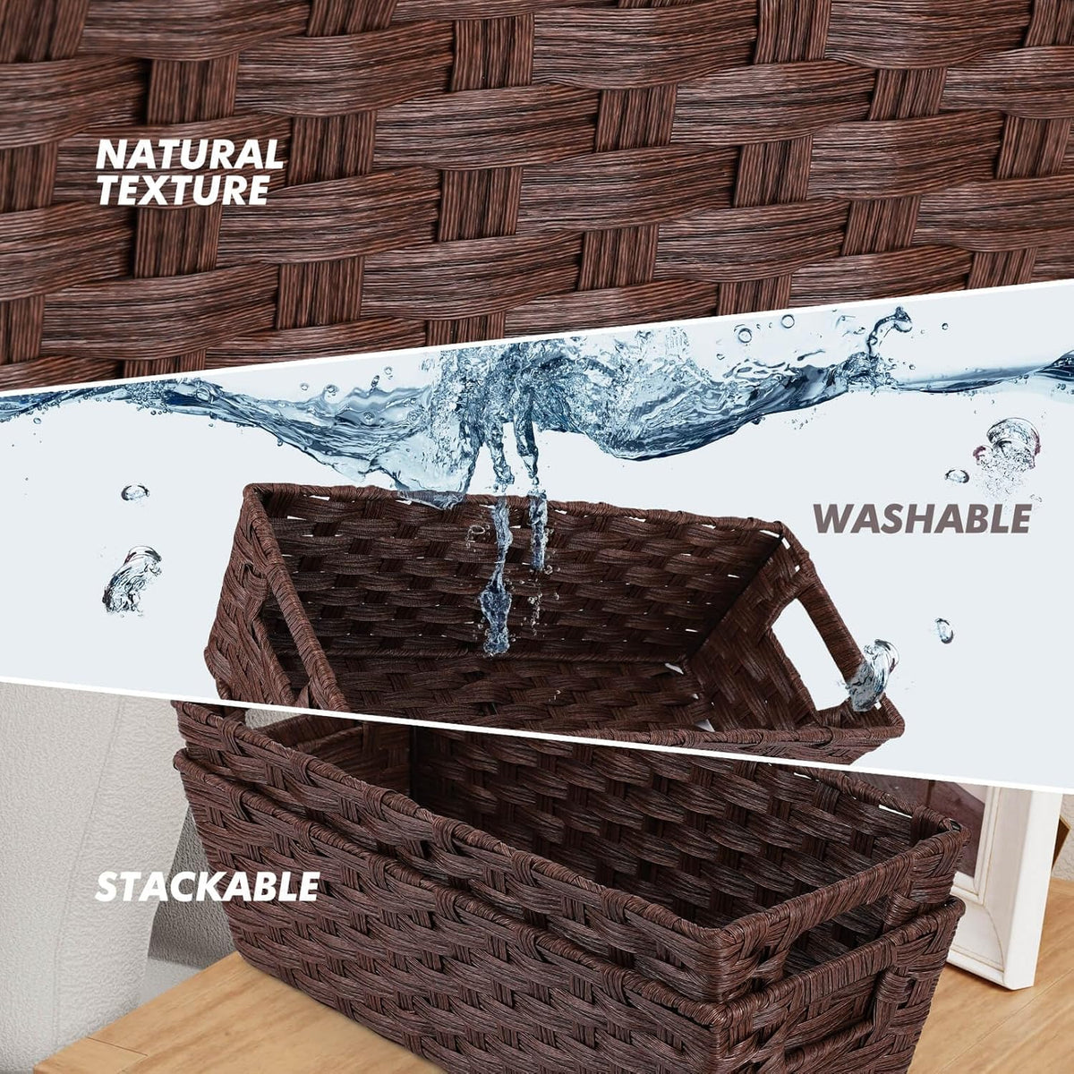 Plastic Wicker Storage Baskets - Toilet Tank & Bathroom Baskets, Woven for Organizing, Brown, 15¾" x 6¾" x 4¾", 2-Pack