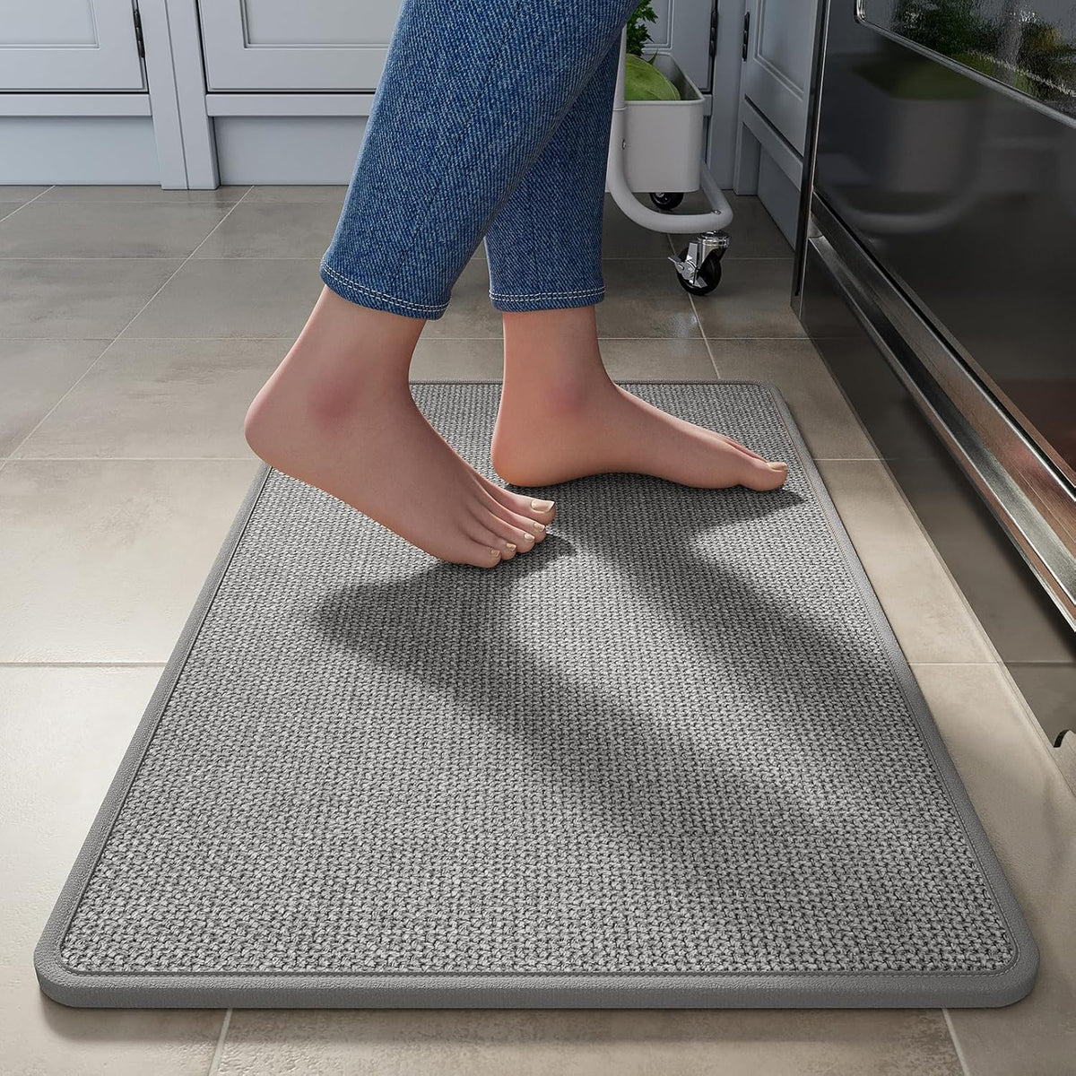 Kitchen Mats for Floor, Super Absorbent Kitchen Rugs Non Slip Washable, Linen-Look Woven Kitchen Runner Rug Sink Mat Standing Mat, Easy Care, Gray 17"x30"