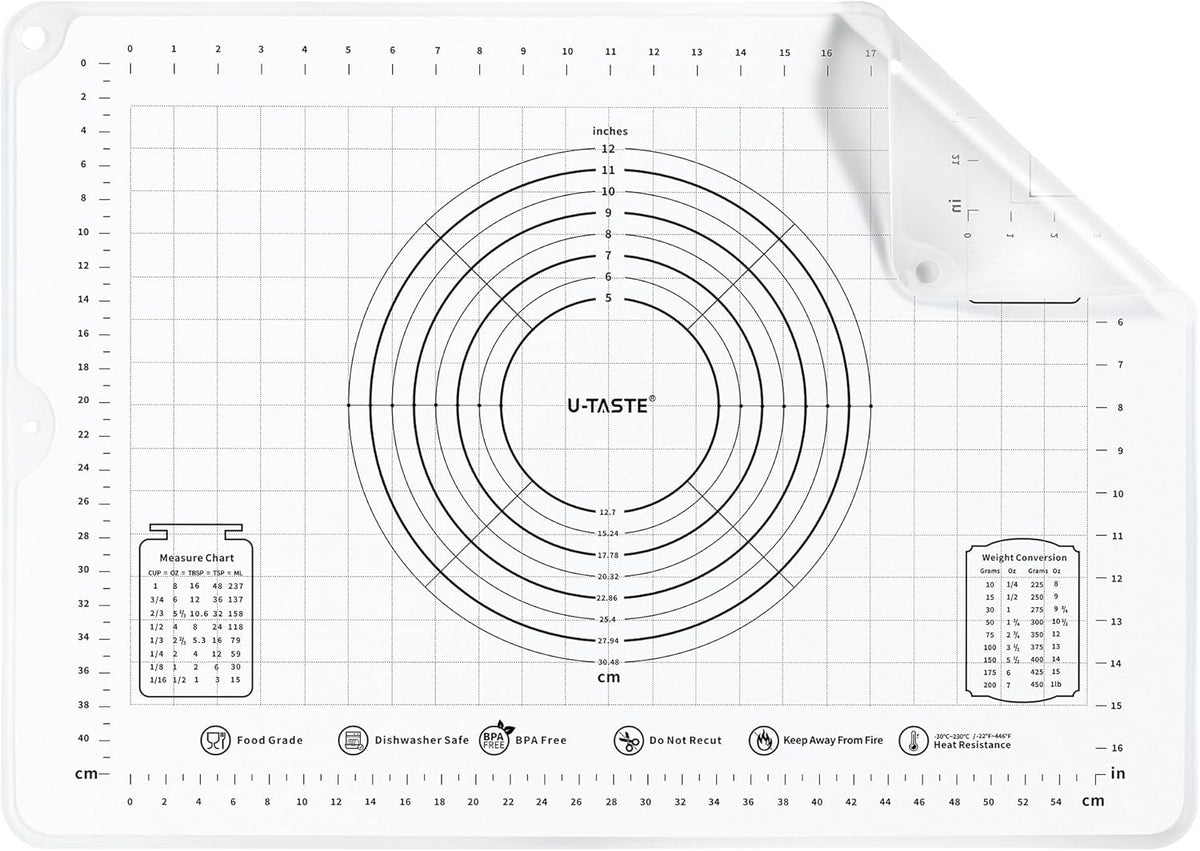 U-Taste 28"x20" Large Pastry Mat: Food-Grade Liquid Silicone Dough Rolling Baking Sheet, Non-Stick Non-Slip for Kneading, Making Pizza, Fondant with Clear Measurement and Raised Edges (Transparent)