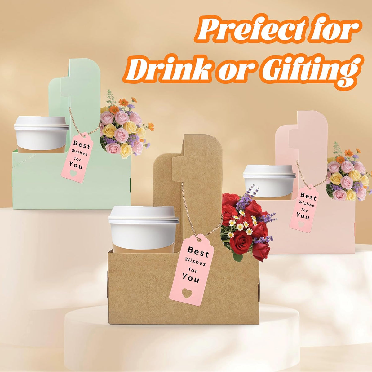 2 Cup Drink Carrier,16 Pack Coffee Cup Holders with Handle,Cardboard Cup Holders for Hot or Cold Drinks,Coffee Carrier with Ribbon and Card,Food Delivery Services and Bouquet(Kraft)