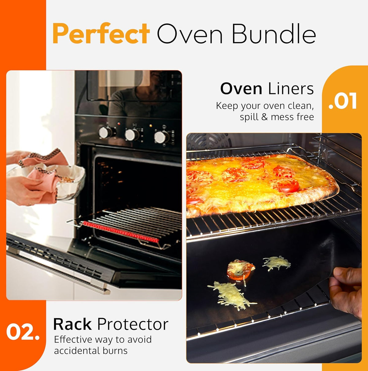 Oven Liners for Bottom of Oven (2-pack) Bundled with Rack Shield Guard (2-pack) - Large Mats for the Bottom (17"x 25") and 14" Silicone Rack Protector - Reusable & Heat Resistant Kitchen Accessories