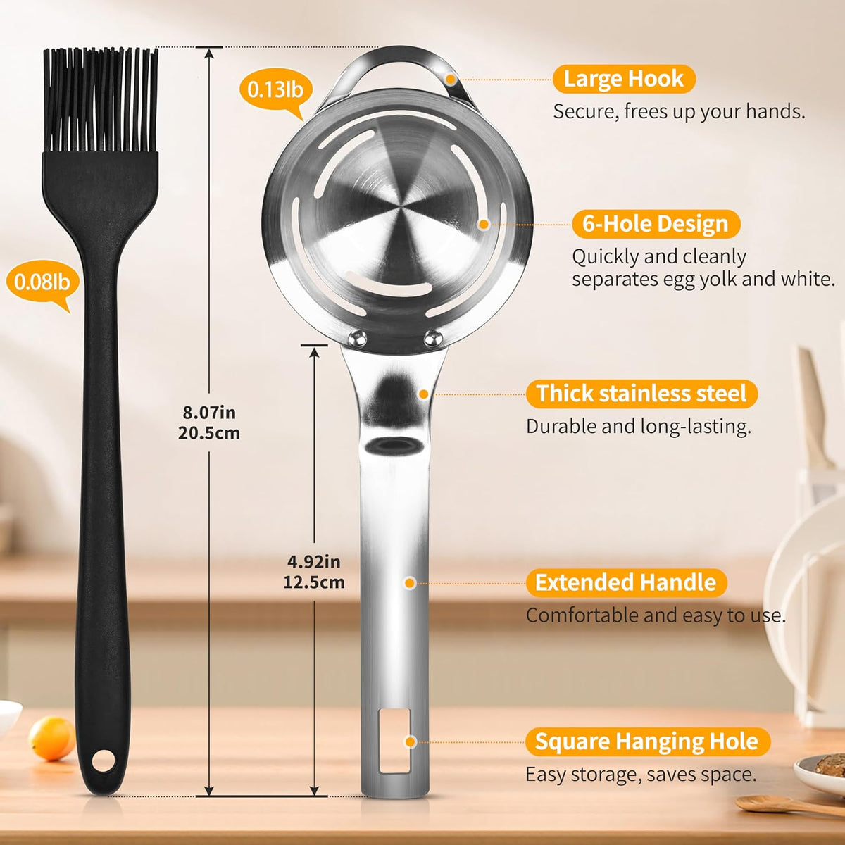 Stainless Steel Egg Yolk White Separator for Raw Eggs,6-Hole Design, Quick Egg Yolk & White Separation, Kitchen Tool for Cooking & Baking