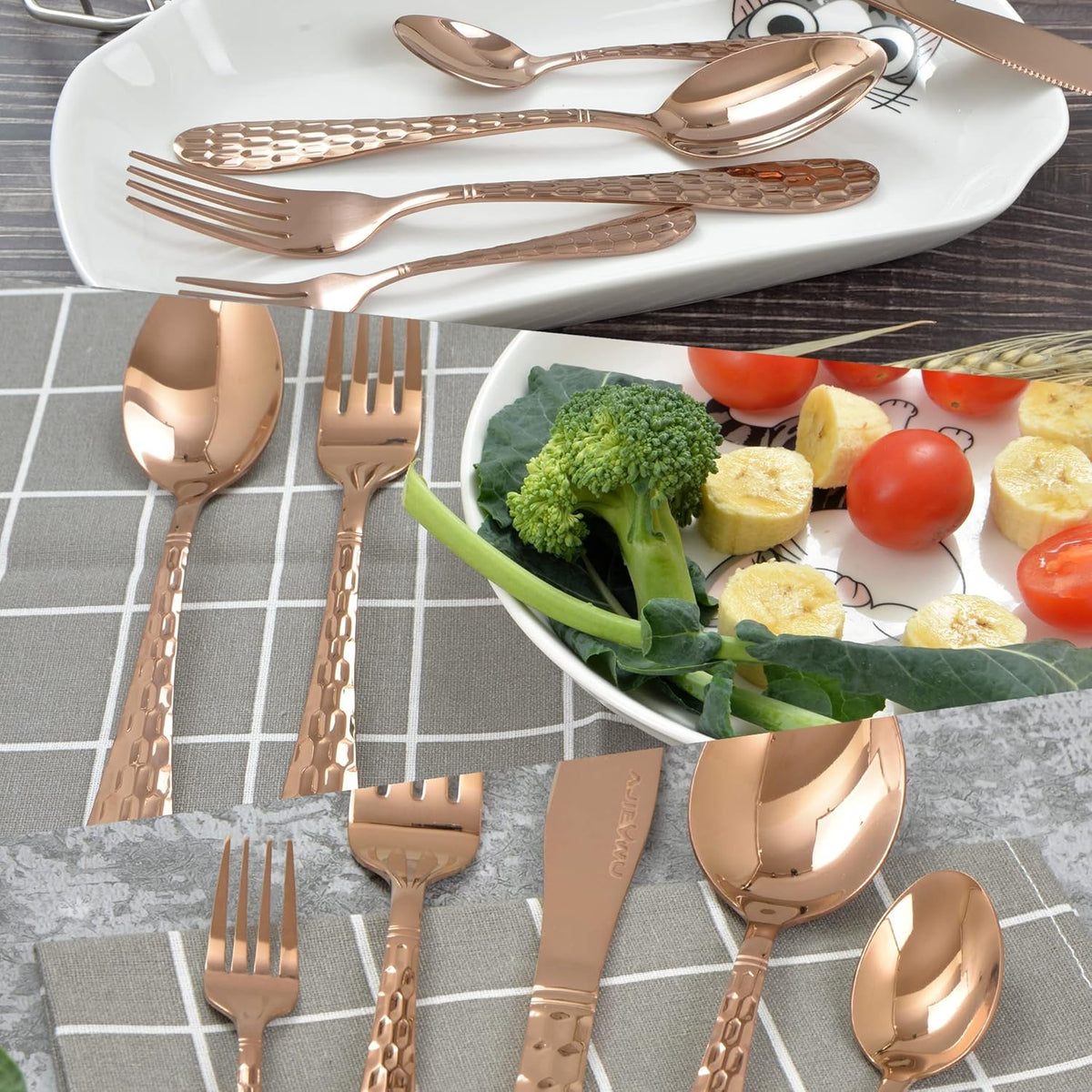 Hammered Silverware Set 20-Piece, 18/10 Stainless Steel Flatware Cutlery Silverware Set Service for 4, Unique Design Knife Fork Spoon Silverware Set, Mirror Polished,Dishwasher Safe (Rose Gold)