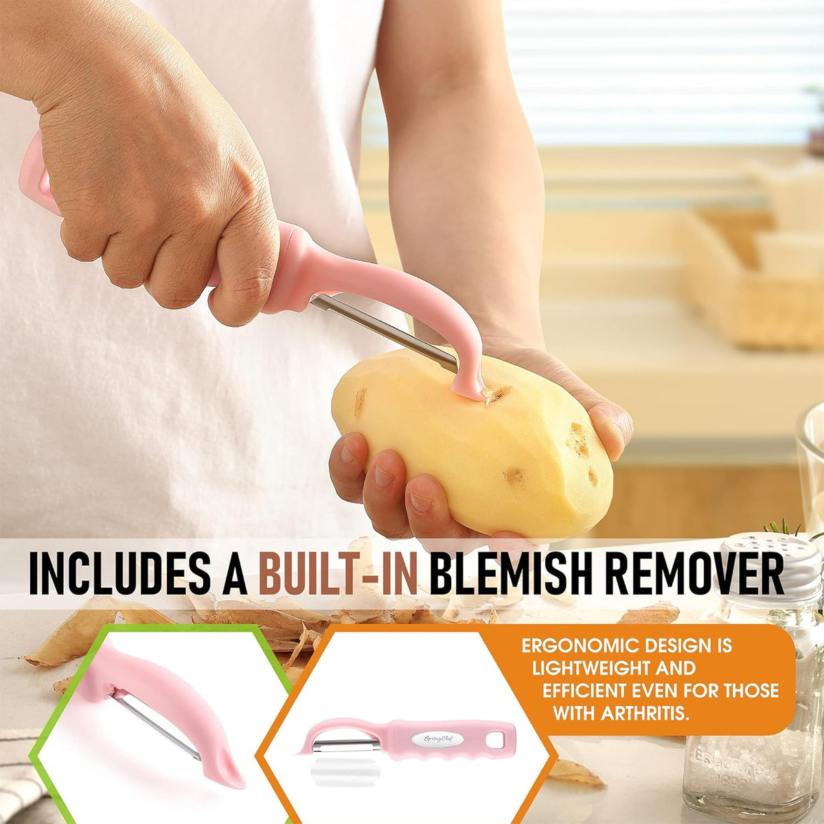 Spring Chef Premium Swivel Vegetable Peeler, Soft Grip Handle and Ultra Sharp Stainless Steel Blades - Perfect Kitchen Peeler For Veggie, Fruit, Potato, Carrot, Apple - Pink Lemonade