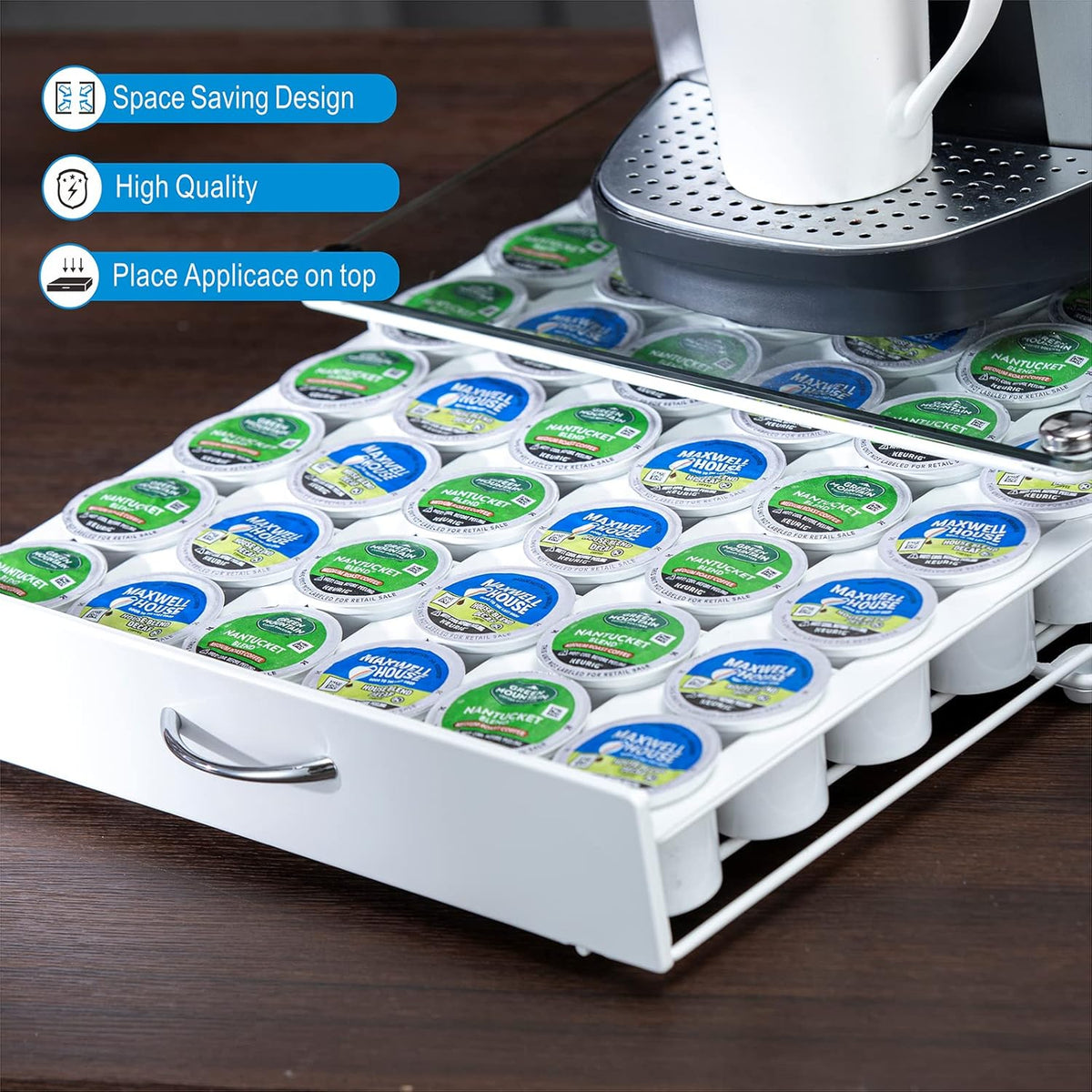 Rice rat K Cup Pod Holde Glass Top Drawer,Coffee Pod Holder Capsule Display Storage compatibility 42 k-cup(white)