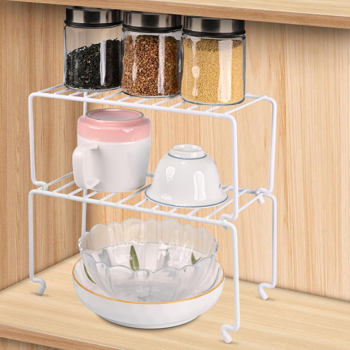 2-Pack Small (10.8x5.3inch) White Stackable Shelf Organizer Rack, Kitchen Shelves Organization for Cabinet, Pantry Organizers and Storage, Wire Shelf Rack, Desk Organizer, Rustproof