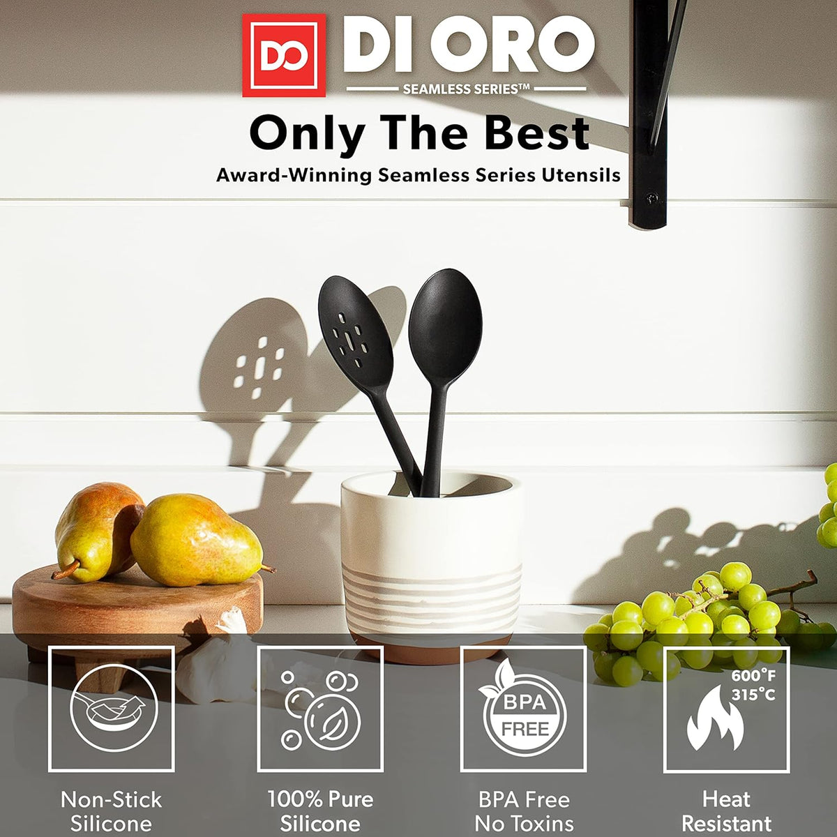 DI ORO Silicone Spoons for Cooking - Large Kitchen Spoons for Mixing, Serving, & Stirring - 600°F Heat-Resistant Non Stick Utensils – Big Solid & Slotted - Dishwasher Safe (2pc, Black)