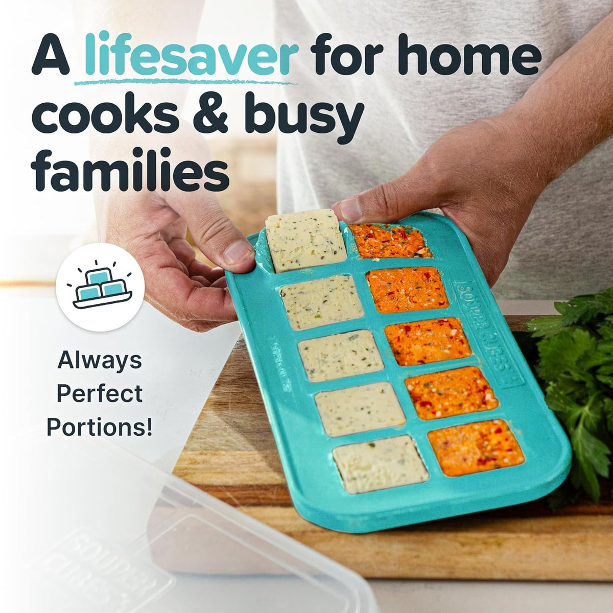 Souper Cubes 2 Tbsp. Silicone Freezer Molds - Perfect for Storing Garlic, Herbs, Ginger, Pesto, Tomato Paste, Lemon Juice, Purees and More - Silicone Baby Food Freezer Tray - Aqua – 1-Pack