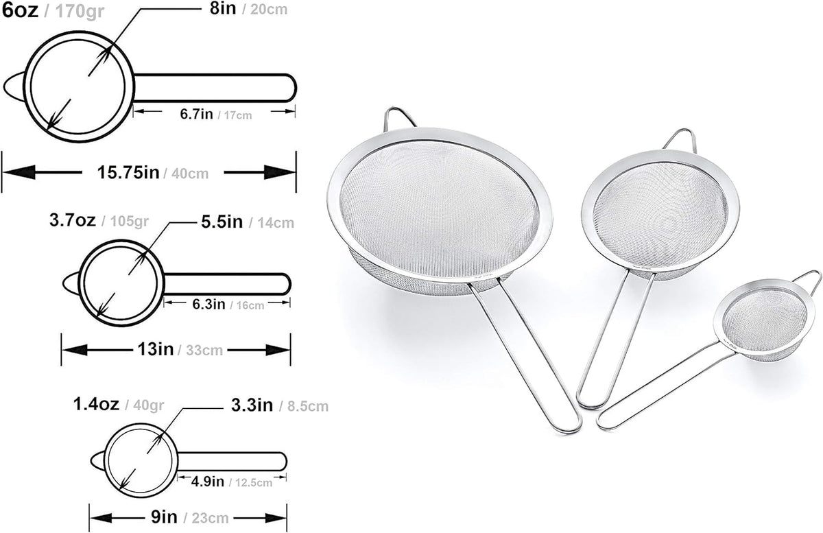 Strainer Set Fine Mesh – Premium 304 Stainless Steel (18/8) – 8″, 5.5″ and 3.3″ Sturdy Kitchen Strainers (Silver)