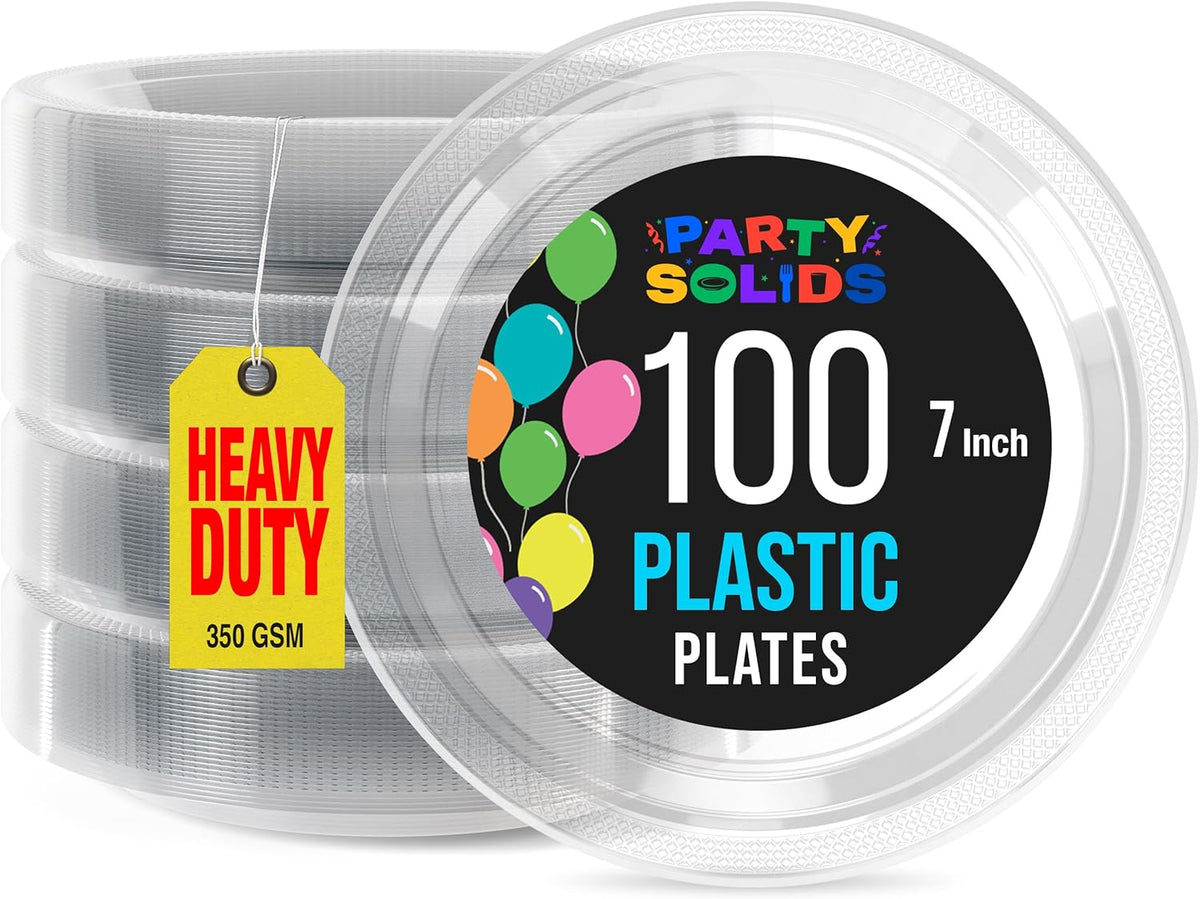 Exquisite Party Solids Clear Plastic Plates For Party 7" Clear Disposable Plates Heavy Duty Supplies 100 Pcs Plastic Dinnerware Sets Heavy Duty 350 GSM Disposable Dinnerware Set