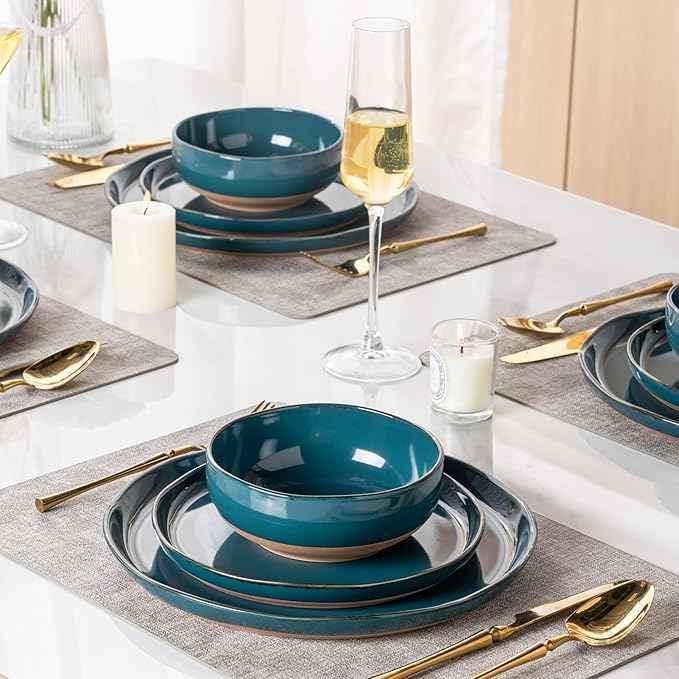 AmorArc Ceramic Dinnerware Sets for 4, 12 Pieces Handpainted Plates and Bowls Set with Rustic Terracotta Underside, Scratch Resistant Stoneware Dishes Set, Dishwasher & Microwave Safe