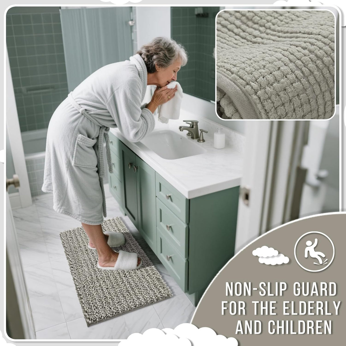 Yimobra Bathroom Rugs Non Slip Washable 32x20 Inch - Ultra Soft Absorbent Chenille Bath Mat, Quick Dry Shaggy Floor Carpet for Tub Shower, Sand Home Decor Accessories