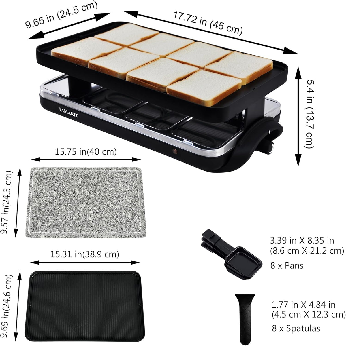 TAMARIT Raclette Table Grill Portable 3 in 1 Korean Barbecue BBQ Grill Electric Indoor Grill with Non-Stick Reversible Grilling Plate & Cooking Stone for Steak 1400W Raclette Grill for 8 Person, Black