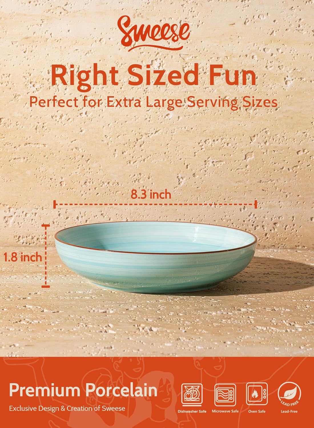 Sweese Pasta Bowls Set of 6, 30 Ounce Ceramic Salad Plates for Dishwasher & Microwave Safe - Solid Salad Bowls, Soup Bowls - Deep Plates Lipped Edges, Oven Safe Porcelain Plates Serving Bowls