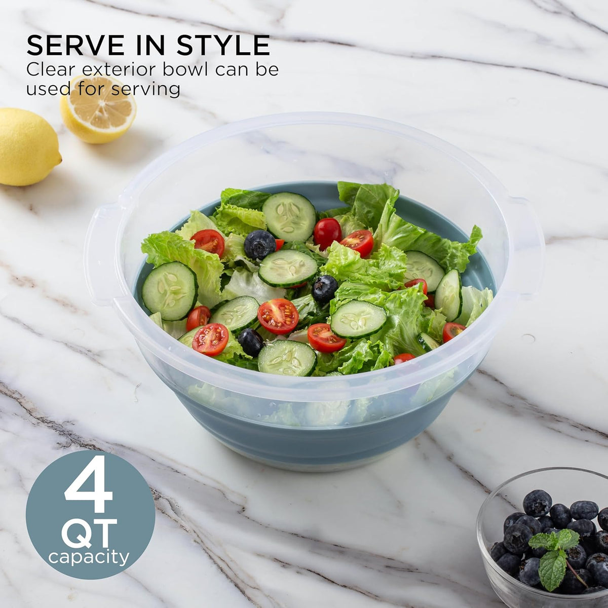 COOK WITH COLOR Collapsible Salad Spinner - 4 QT Space Saving Lettuce Dryer with Folding Collapsible Colander Great for Washing and Drying Fruit and Vegetables (Blue)