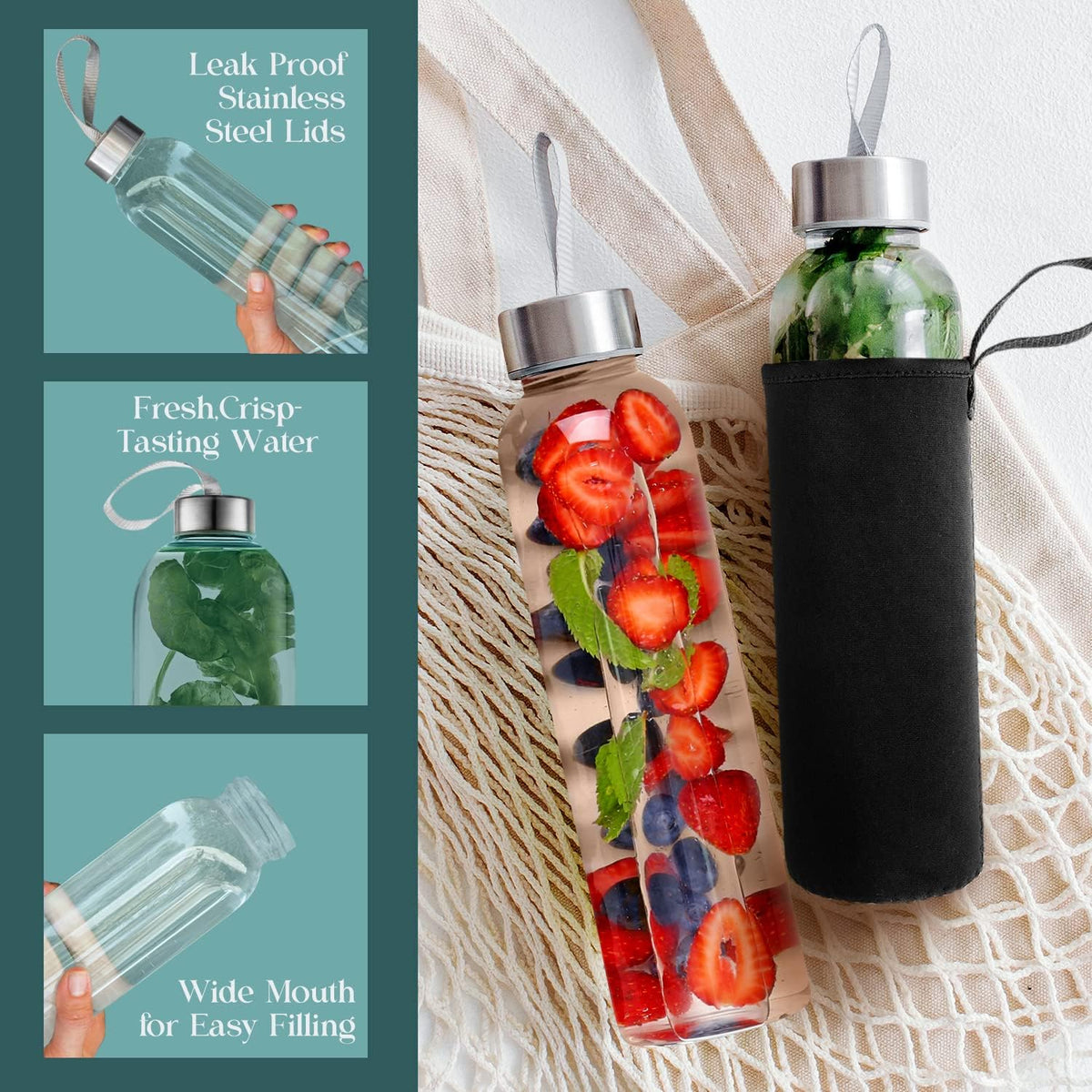 16 Ounce Glass Water Bottles, Reusable Water Bottles with Airtight, Pack of 4, Stainless Steel Lids Carrying Strap And Nylon Water Bottle Protective Sleeves for Hot Or Cold Drinks