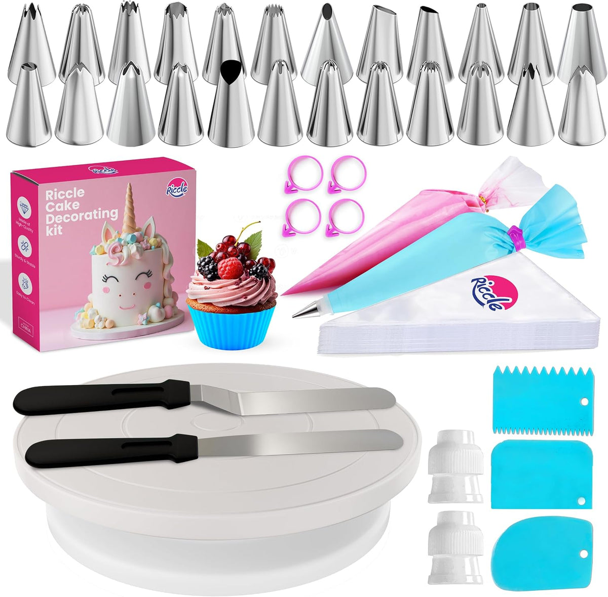 Riccle 94 pcs Cake Decorating Kit with Cake Turntable - Includes 50pcs 16 Inch Disposable + 2 Reusable Piping Bags and Tips Set, 24 Icing Piping Tips, 2 Spatulas, 3 Icing Comb Scraper, 6 Cake Liners
