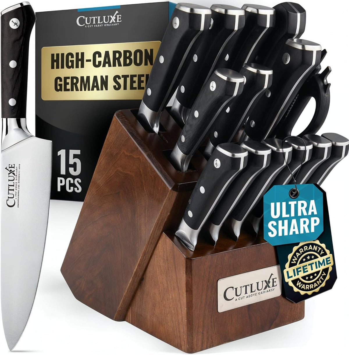 Cutluxe 15-Piece Knife Set – High Carbon German Steel Blades, Full Tang Design & Ergonomic Pakkawood Handles in Walnut Wood Block – Artisan Series