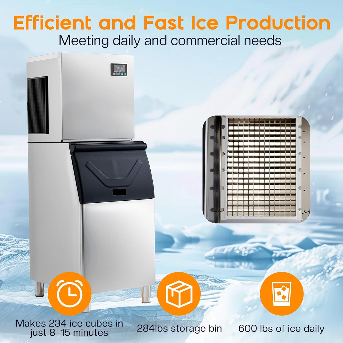 Albott Commercial Ice Maker, 600lbs/24H Stainless Steel ice Machine Countertop with 284lbs Storage Capacity, Self Cleaning for Home/Bar/Restaurant