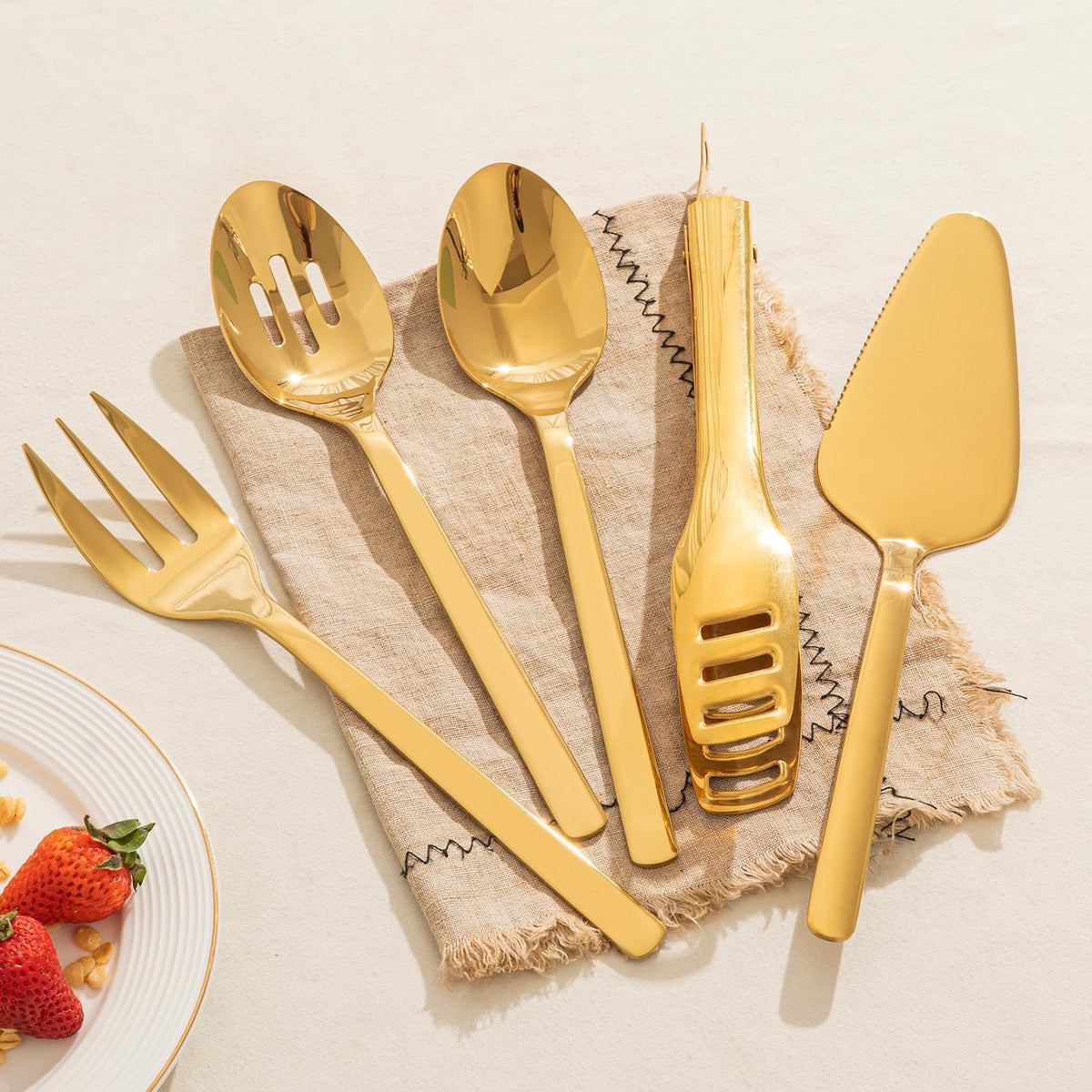 KINGSTONE Large Hostess Serving Utensils Sets,18/10 Stainless Steel Heavy Duty 10inch Serving Spoons,Slotted Spoons,Serving Fork,Serving Tongs, Cake Pie Server For Buffet, Wedding, Party, Gold
