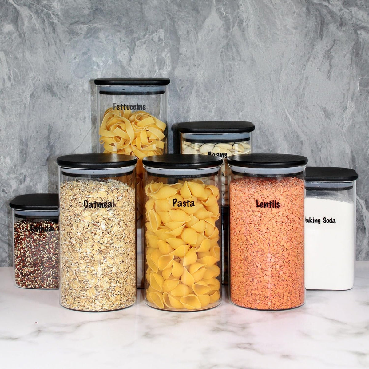 Urban Green Glass Jars with Black Lids, Glass food storage container sets with black lids, Airtight Canisters Sets with Bamboo Lids. Pantry Jar (3 Pack of 48oz)