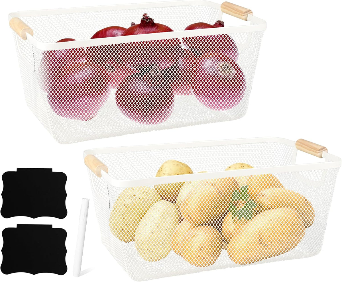 Potato and Onion Storage Bin, 2 Set Potato Bin Storage and Onion Container with Wooden Handle, Pantry Kitchen Organization and Storage, Metal Mesh Baskets for Fruit, Vegetable, Produce-White